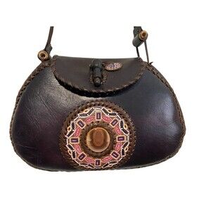 Miguel Rios La Luna Loca Handmade Leather Bag with Mandala Stone Mexico EUC